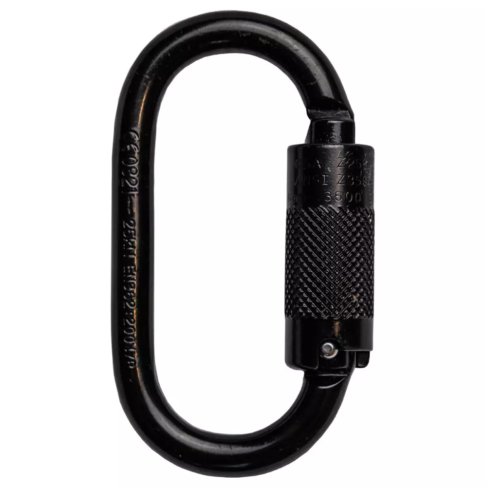 Introducing the Oval Steel Carabiner—durable and easy to use, made from heat-treated steel alloy with a triple-action self-locking gate.